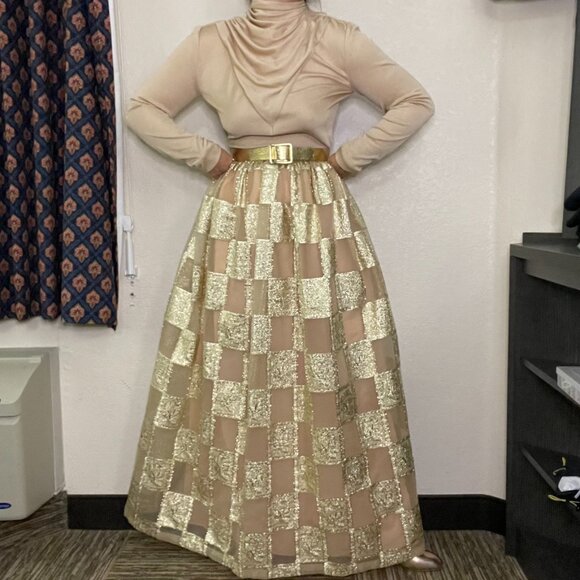 Vintage 70s Metallic Gold Check High Neck Cowl Modest Long Sleeve Gown - Picture 3 of 16